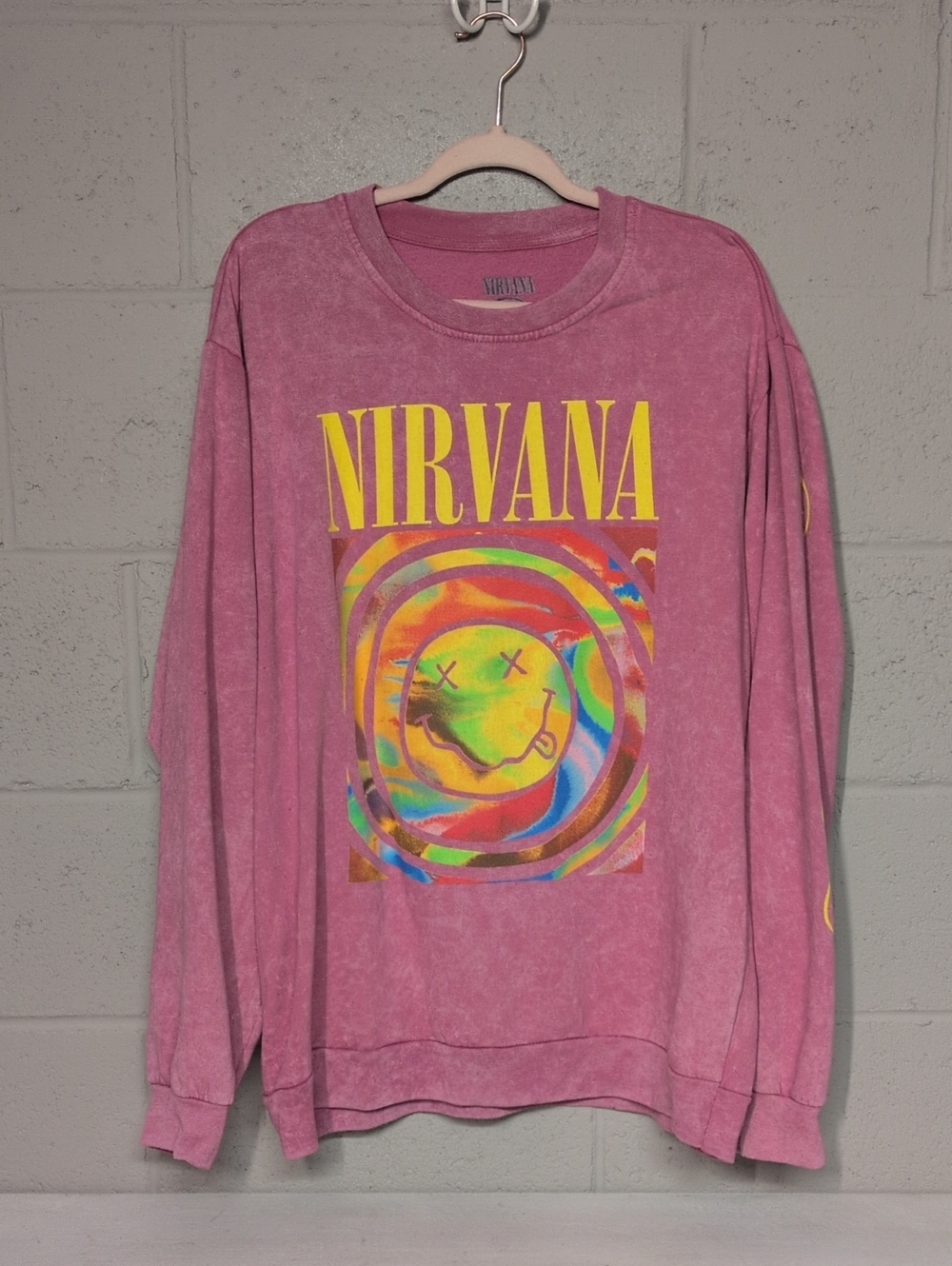 Nirvana Smile Overdyed Oversized Crew Neck Sweatshirt, Hot Pink, Size XL - Picture 2 of 5